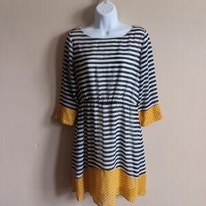 Striped Navy & White Dress with Yellow Accents, Summer Sun Mini Midi